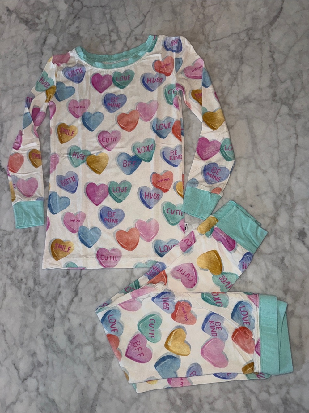 Little Sleepies Multicolor Conversation Heart Pajama Set with Aqua Trim 4T